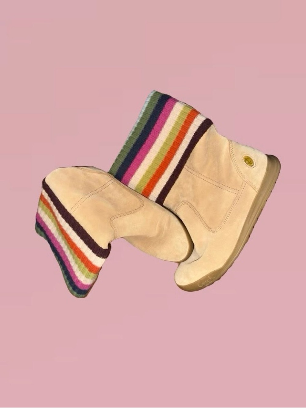 Coach Cream Suede Ankle Booties with Multicolor Striped Knit Cuff - Picture 2 of 4